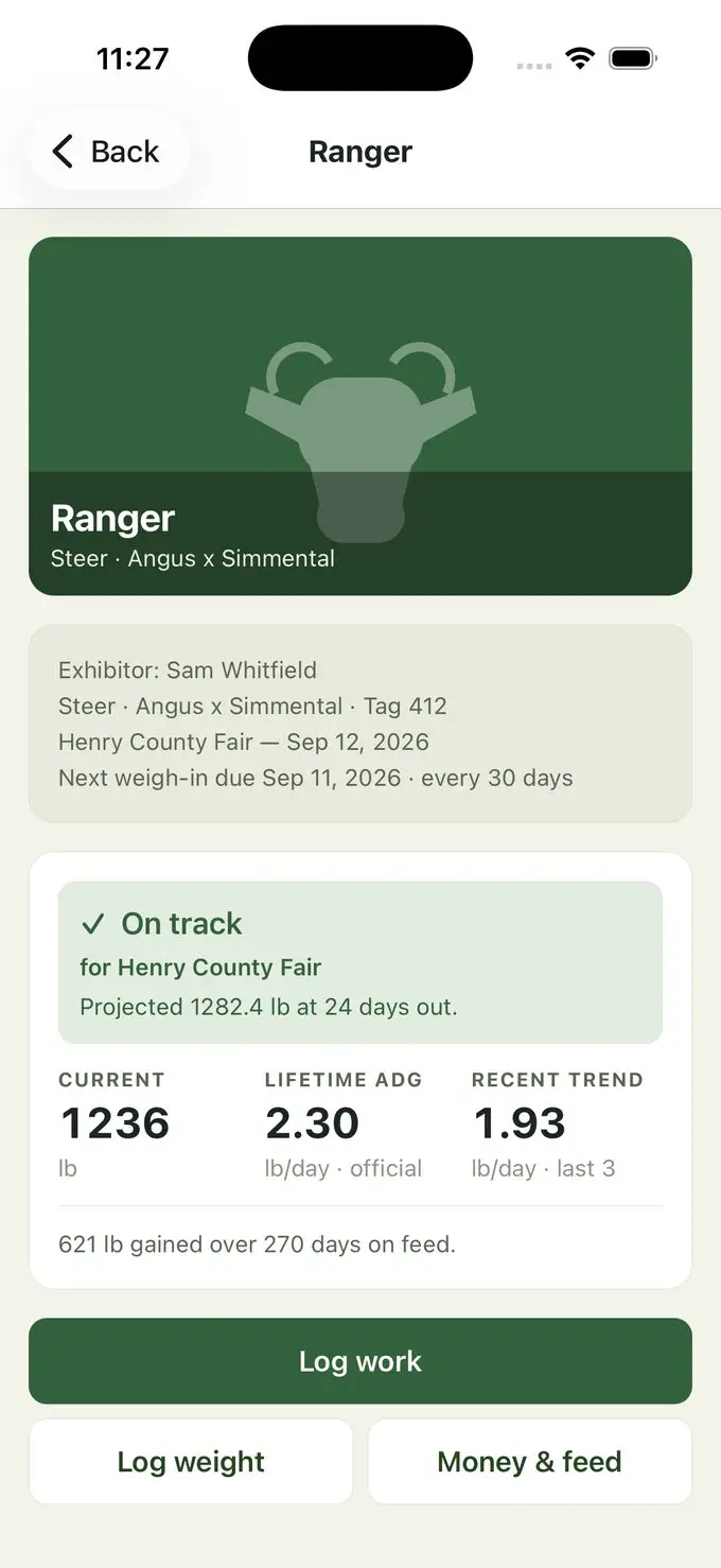 An animal page in My Record Book showing current weight, lifetime average daily gain and recent trend side by side