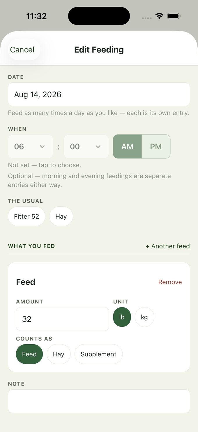 The feeding entry screen in My Record Book showing a feed product, amount and unit