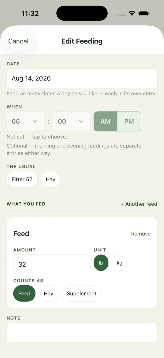 The feeding entry screen in My Record Book showing a feed product, amount and unit