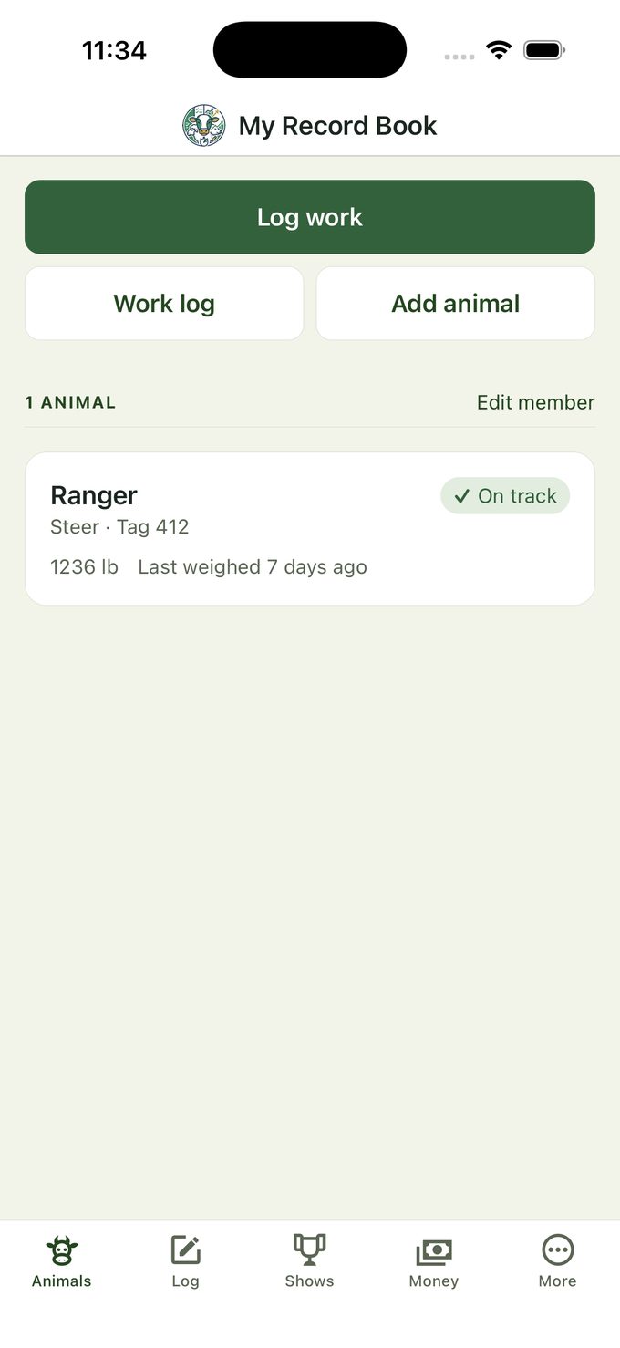 The My Record Book home screen listing a steer project with its current weight and average daily gain