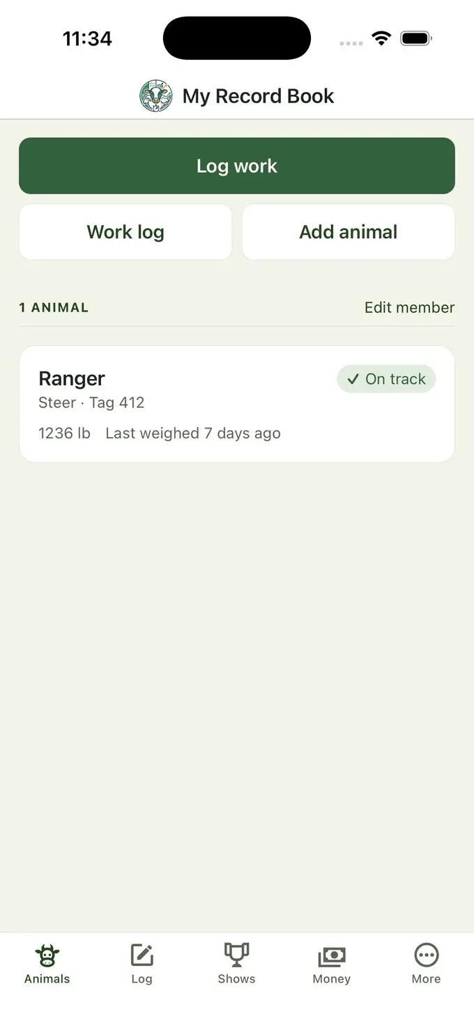 The My Record Book home screen listing a steer project with its current weight and when it was last weighed