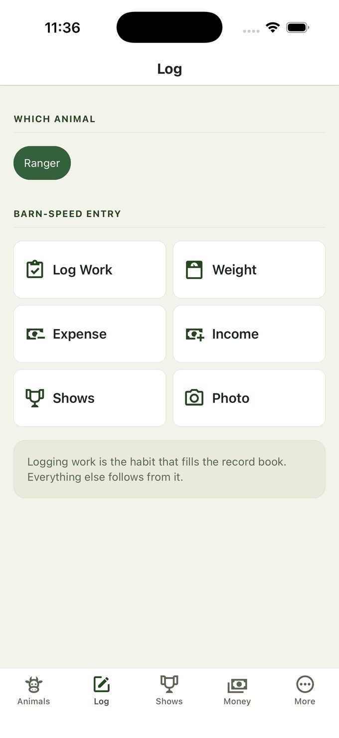 The quick entry screen in My Record Book with buttons for log work, weight, expense, income, shows and photo